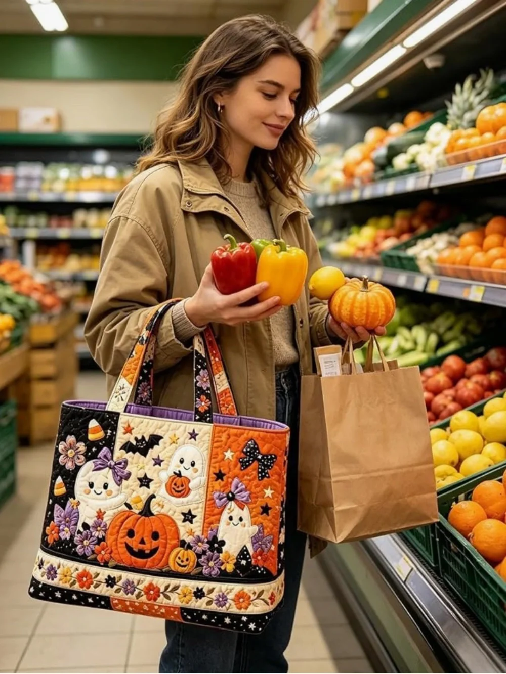 #3127** Quilted Tote Bag with Pumpkin & Ghost Appliqué/Orange/Black/White